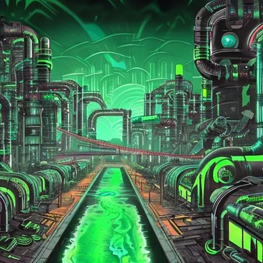 Prompt: megatropolis sewer with neon green, radioactive water flowing from pipes, black and green industrial sewer 