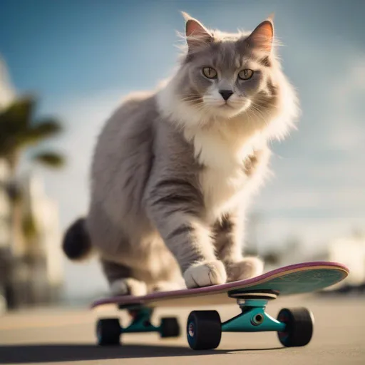 Prompt: a cat, riding a skateboard, south beach california, skater, fluffy grey fur, ragdoll breed, while skateboard wheels, cinematic, 90mm, canon