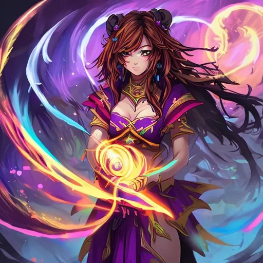 Prompt: Anime fantasy Latina mage purple red blue yellow intense green healer forest sunset warrior detailed no hands pose