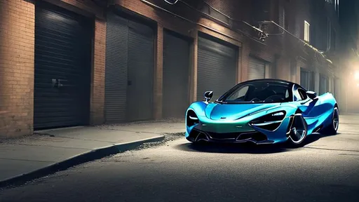 Prompt: McLaren 720s in light blue, in a dark forgotten trash filled alley way, no light coming in, with trash flying around, in the crack of dawn
