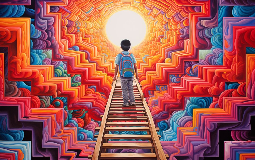 Prompt: a boy climbing up a ladder in a colorful abstract art design, in the style of hypnotic symmetry, otherworldly illustrations, hyperrealistic murals, children's book illustrations, spectralist, chicano art, long lens