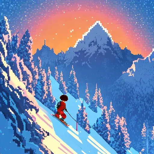 Prompt: 8 bit style video game one small adult black woman with big hair skiing down a very large snowy mountain at sunset