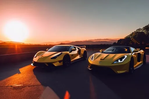 Prompt: The best thing we’ve never seen. A scene for instagram with a sport car during sunset (golden hour)