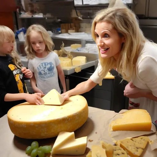 Prompt: A tall beautiful cheese goddess feeding starving children cheese but the children are lactose intolerant 