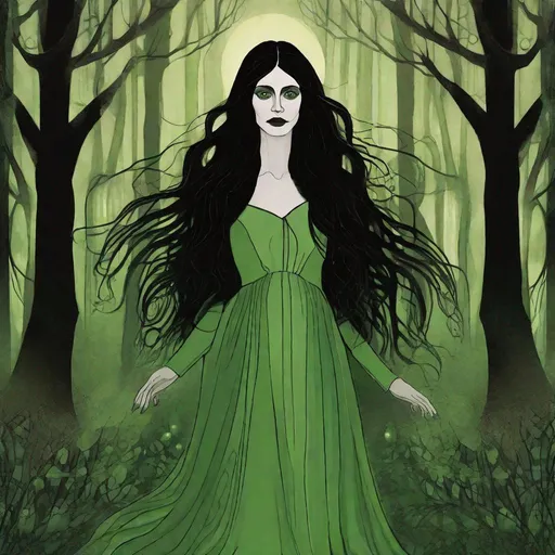 Prompt: A female Sluagh from Changeling: The Dreaming, standing in a dark forest. She has pale white skin, deep under-eye circles, and long, flowing black hair. Her eyes are large and almond-shaped, and they glow with an eerie green light. She wears a long, flowing dress that is made of shifting shadows. Her skin is covered in strange markings, and her nails are long and sharp.Well draw face, detailed. changeling the dreaming. Rpg art. 2d art. 2d. 