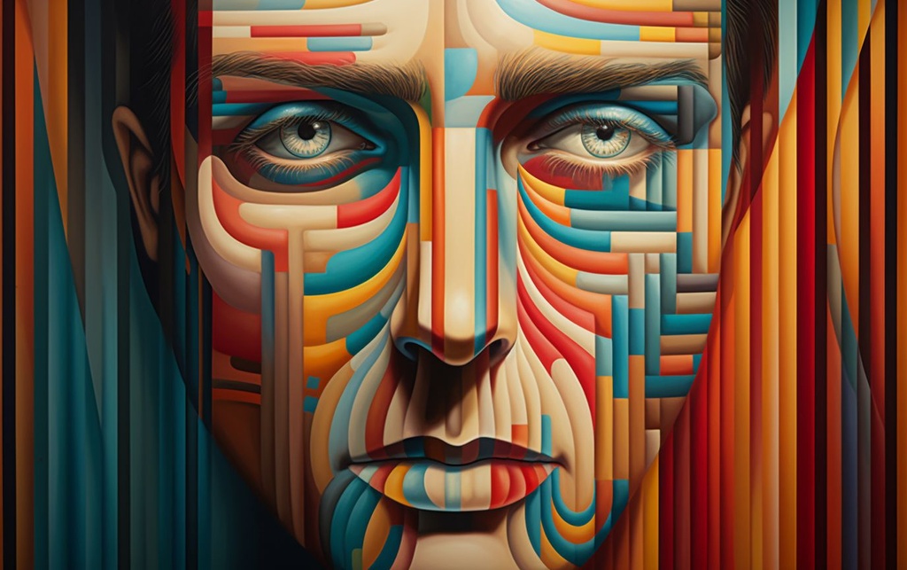 Prompt: an art work of a man with a face cut into a colorful striped background, in the style of paul corfield, illusory effects, anna dittmann, innovating techniques, retro filters, free-flowing lines, emotive faces