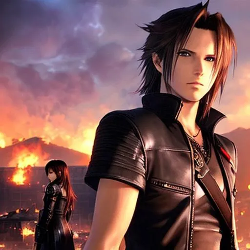 Prompt: A very dramatic Final Fantasy image of Squall being secretly watched by Rinoa, who just burnt down a neighborhood, dramatic lighting, fiery background