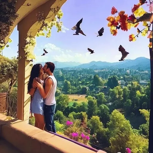 Prompt: A Beautiful View and There is a Home and Birds are Flying And A Cute couples Were Kissing 