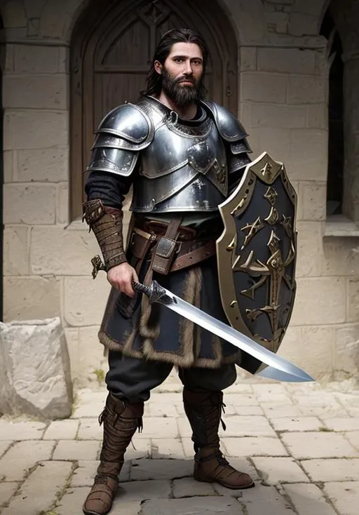 Prompt: A gruff warrior with dark hair, well kept beard, hazel eyes, a scar on his lip and a sad look on his face. He is wearing a set of old adventuring clothes with a breastplate on top. He is holding a longsword in the right hand and a shield in the left hand. Portrait. A church in the background.