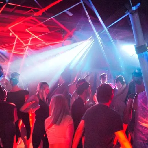 Prompt: people at a club on a dance floor with a bunch of Lazers and smoke machines.