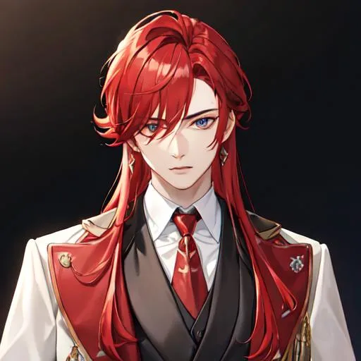 Prompt: Zerif 1male (Red side-swept hair covering his right eye) wearing a royal suit