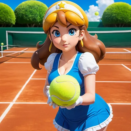 Prompt: day, tennis court background, female, Princess Daisy, super mario, anime style, solo focus, curvy figure, looking at viewer,  tennis position