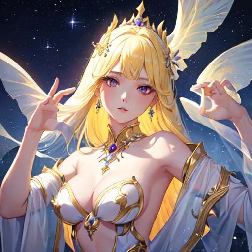Prompt: Detailed and mystical portrait of a young beautiful idol with ivory clear skin, yellow hair and deep purple eyes. Perfect female body, night light, dramatic, plastic pose, frontal, magical, fantasy, 8k, high detailed, dramatic light