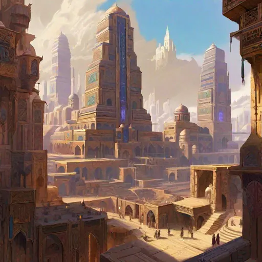 Prompt: A vast Cyberpunk middle eastern city with a great ziggurat in background. D&D art, RPG art. Fantasy Art. Pathfinder Art