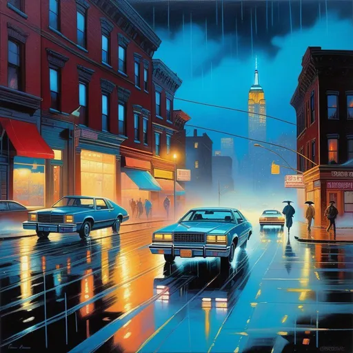 Prompt: 1980s, Brooklyn at night, neon, car chase, rain, fog, cold blue atmosphere, cartoony style, extremely detailed painting by Greg Rutkowski and by Henry Justice Ford and by Steve Henderson