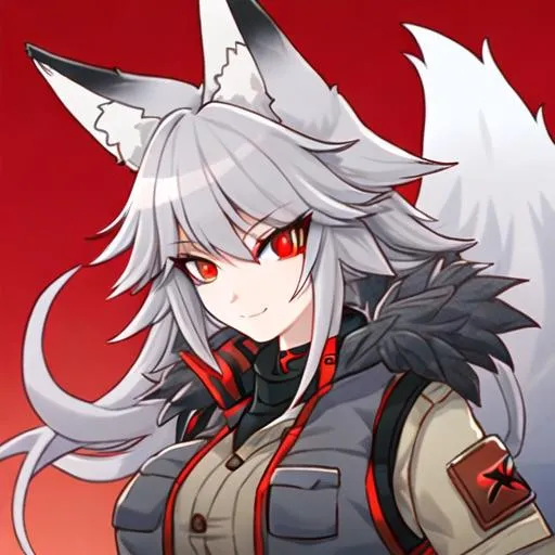 Prompt: A fox girl that has a army vest with grey fur and red eyes