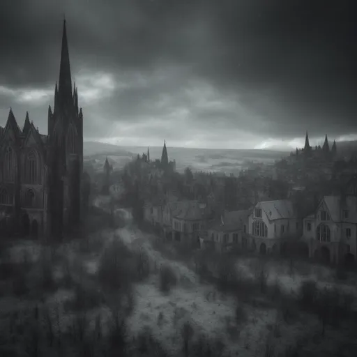 Prompt: large dark gothic town landscape, noon, grey sky, cold weather