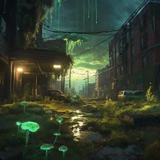 Prompt: post-apocalyptic cityscape, the last of us style, bioluminescent green mutated fungi spreading like an infection on the land, trending on Artstation, overgrown, hypermaximalist, highly detailed and intricately designed, digital painting, golden hour, stormy skies, light rays through clouds, light pillars, cinematic style, perfect composition, aspect ratio 3:2, full shot, dramatic lighting, reflections
