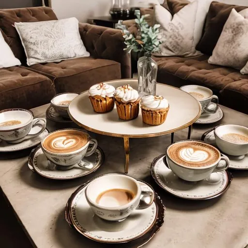 Prompt: coffee table with coffee cups and a lot of french pastry