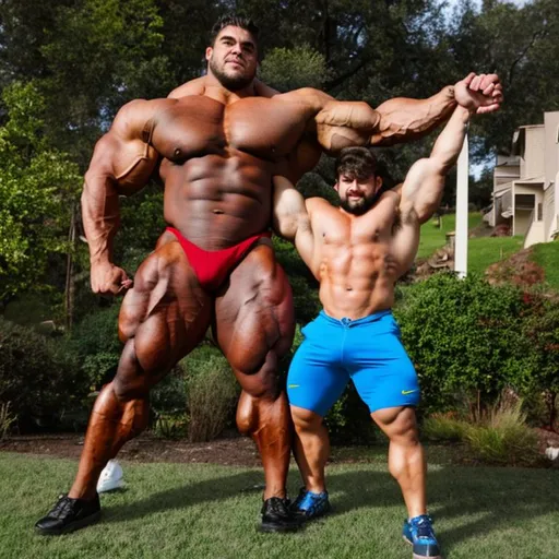 Prompt: Huge bodybuilder/ giant and his smaller lover macrophilia