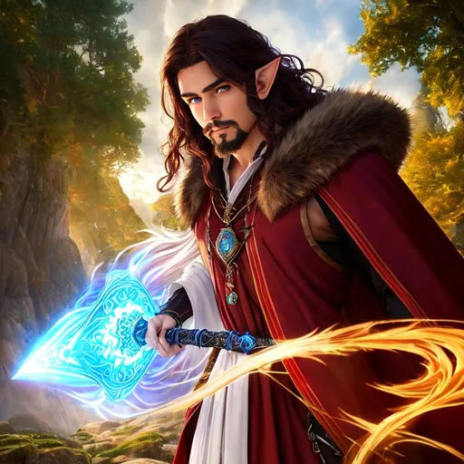 Prompt: Fantasy style, a hyper realistic detailed image of combative druid, male elf, brown goatee, spellsword, looking straight ahead, body facing camera, camera top third of image, perfect composition, super detailed, sharp focus HDR, UDR, 120k, red and black robes, white fur collar, long straight windblown shiny brown hair, radient blue eyes, in a mountain forest fantasy background, dragon familiar, dragon in background
