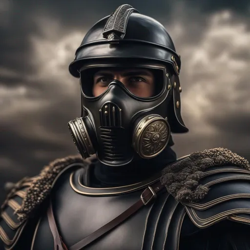 Prompt: A modern roman military male in black military armor galea helmet of roman armor, and gas mask, background war battle, Hyperrealistic, sharp focus, Professional, UHD, HDR, 8K, Render, electronic, dramatic, vivid, pressure, stress, nervous vibe, loud, tension, traumatic, dark, cataclysmic, violent, fighting, Epic
