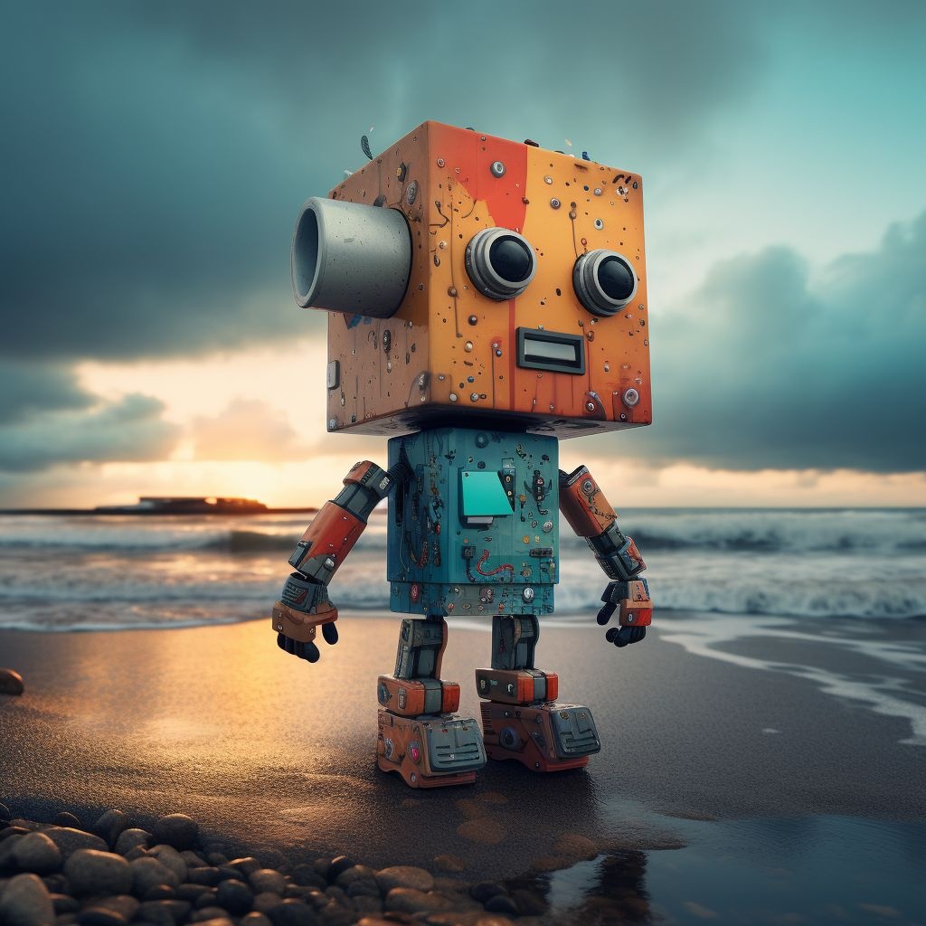 Prompt: 'sea robot' by matt mcculloch, in the style of postmodern portraiture, 4k, cubo-futurism, vintage cinematic look, colorful caricature, george christakis, vhs