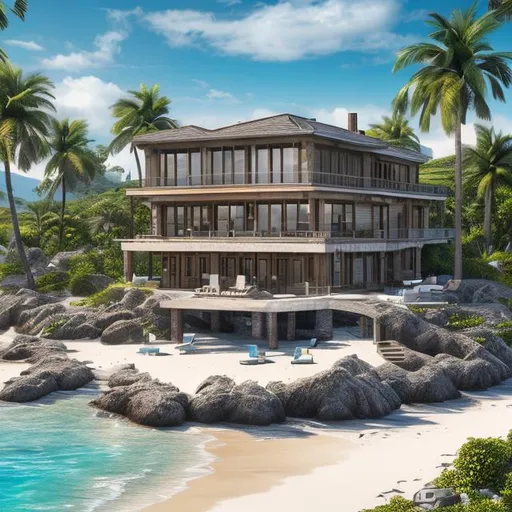 Prompt: Create a luxury outdoor beach house, island scene. modern house. Professional Photo Realistic Image, hyper detailed, intricately detailed, intricate detail, 8k resolution, masterpiece, splash arts, ultra details Ultra realistic, hi res, UHD, 64k, HDR.