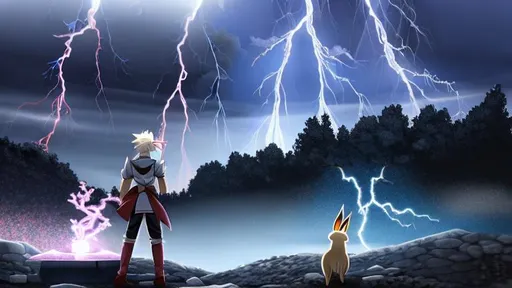 Prompt: evee touching a thunder stone to evolve while lightning hits in the background