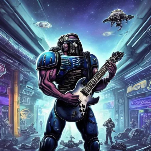 Prompt: Bodybuilding space marine, playing guitar for tips in a busy alien mall, widescreen, infinity vanishing point, galaxy background