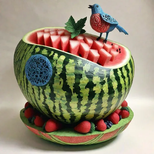 Prompt: ({a bird sitting on top}) of a ({hollow watermelon filled with fruits}), food art, {blue sky} and {green trees}, paper mache art, intricate detail, detailed, intricate artwork masterpiece, very intricate art, intricate artwork, high composition, highly realistic and intricate, realistic detailed masterpiece, highly intricately detailed, higly detailed masterpiece, amazing photo, intricate sculpture, detailed and intricate, masterpiece, made of fruit and flowers, highly detailed 3d art, carving, intricate artwork, stunning, realistic, realistic artwork, incredible detail, nature art, detailed realistic beautiful, surrealistic, naivistic art, naive art
