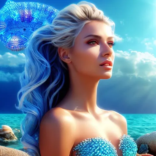 Prompt: HD 4k 3D 8k professional modeling photo hyper realistic beautiful woman ethereal greek goddess of wisdom Ocean nymph
blue hair blue eyes gorgeous face light skin shimmering dress with fish scales seashell jewelry full body surrounded by magical glowing light hd landscape background laying in ocean on beach on rocks