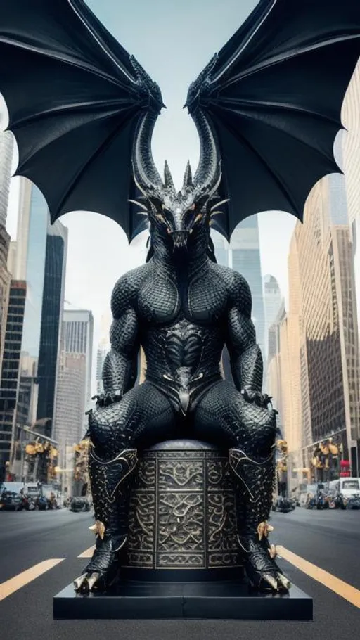 Prompt: Dragon, masculine body, dragon head, high detail, ultra 8k, realistic, black costum, wings,sitting, city