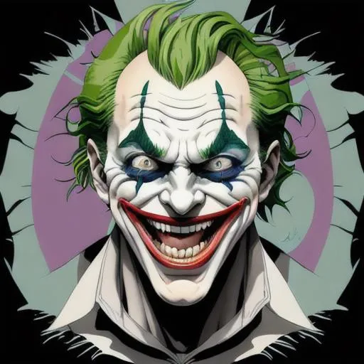 Prompt: The Joker laughing, by Michelangelo Buonarroti painting, An aesthetically pleasing, dynamic, energetic, lively, well-designed digital art, by Masashi Kishimoto, traditional Japanese colors, superior quality, masterpiece, all geometrically correct, proportionate face, high detail, concept art, character art, detailed eyes, detailed lips, detailed nose