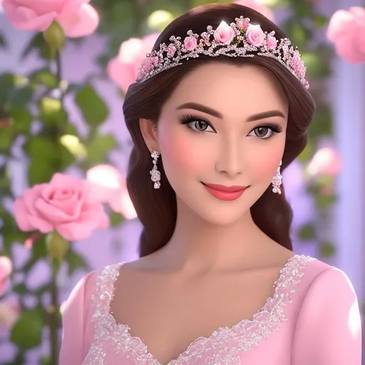 Prompt: A women who is kind and likes roses. She is a queen and has an authoritative look in her eye but a polite smile, she is wearing a rose tiara, 64k.