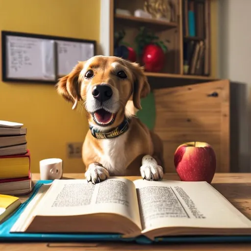 Prompt: Dog with a book learning spanish with a apple and a bannana on its desk
