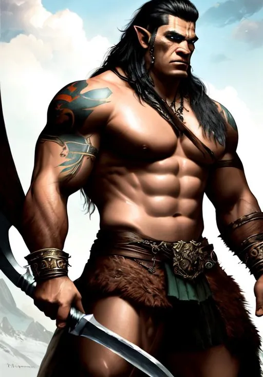 Prompt: UHD, , 8k, high quality, poster art, (( Aleksi Briclot art style)), hyper realism, Very detailed, full body view of a young aged mythical half orc whom is a muscular barbarian, shirtless, scars on skin, holding battle axe on shoulder in a captain morgan pose. mythical, ultra high resolution, light and shading in 8k, ultra defined. 