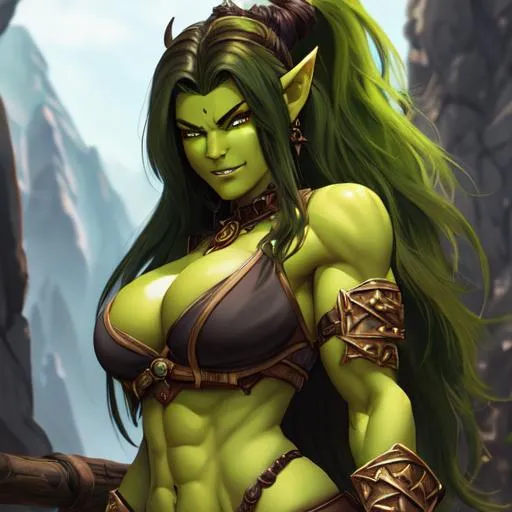 Prompt: oil painting, D&D fantasy, green-skinned-orc girl, green-skinned-female, tall, toned muscle, beautiful, short dark brown hair, wavy hair, stoic, pointed ears, fangs, looking at the viewer, barbarian wearing intricate adventurer outfit, #3238, UHD, hd , 8k eyes, detailed face, big anime dreamy eyes, 8k eyes, intricate details, insanely detailed, masterpiece, cinematic lighting, 8k, complementary colors, golden ratio, octane render, volumetric lighting, unreal 5, artwork, concept art, cover, top model, light on hair colorful glamourous hyperdetailed medieval city background, intricate hyperdetailed breathtaking colorful glamorous scenic view landscape, ultra-fine details, hyper-focused, deep colors, dramatic lighting, ambient lighting god rays, flowers, garden | by sakimi chan, artgerm, wlop, pixiv, tumblr, instagram, deviantart