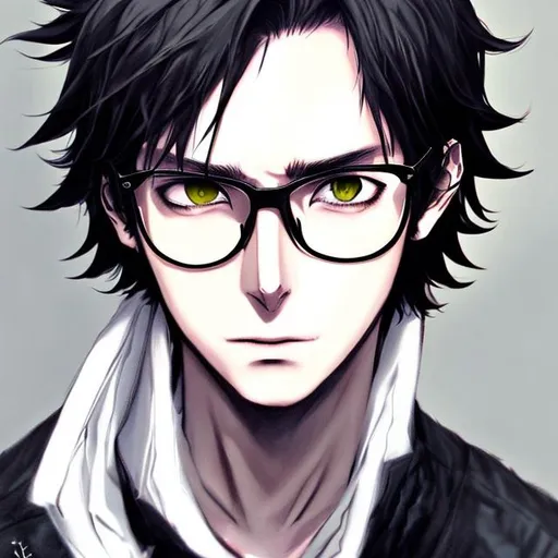 Prompt: Handsome young adult man with black hair, silver eyes, and glasses, wearing dark clothing. "Persona 4" anime style