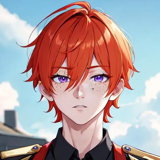 Prompt: Erikku male adult (short ginger hair, freckles, right eye blue left eye purple) UHD, 8K, Highly detailed, insane detail, best quality, high quality,  anime style, as a police officer