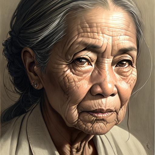 intricate pencil sketch mugshot of an old filipina w...