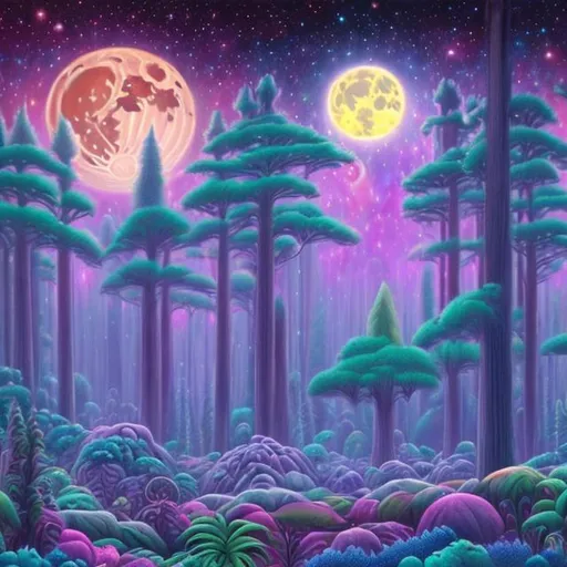 Prompt: a fantasy forest on a distant planet in a galaxy with a full moon in the distant sky by Lisa Frank in pastel