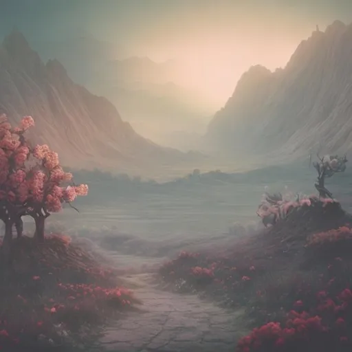 Prompt: Persephone concept landscape in vintage with foggy vibe