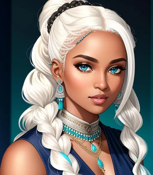 Prompt: portrait of a mocha skinned young woman (curly white hair pulled back in a pony-tail), (dark blue eyes), wearing aqua maxi-dress with silver embellishments