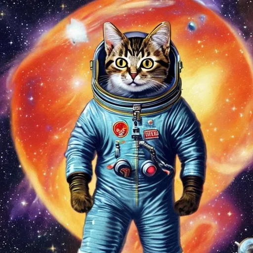 Prompt: make a image of a cat in a cccp spacesuit floating in a galaxy 