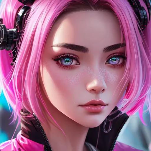 Prompt: portrait, 1girl, close ups, 21 years old, short pink with white highlight, oni menpō, cyberpunk jacket, abstract circuits tattoos, raining, highly detailed, detailed and high quality background, oil painting, digital painting, Trending on artstation , UHD, 128K,  quality, Big Eyes, artgerm, highest quality stylized character concept masterpiece, award winning digital 3d, hyper-realistic, intricate, 128K, UHD, HDR, image of a gorgeous, beautiful, dirty, highly detailed face, hyper-realistic facial features, cinematic 3D volumetric, illustration by Marc Simonetti, Carne Griffiths, Conrad Roset, 3D anime girl, Full HD render + immense detail + dramatic lighting + well lit + fine | ultra - detailed realism, full body art, lighting, high - quality, engraved | highly detailed |digital painting, artstation, concept art, smooth, sharp focus, Nostalgic, concept art,