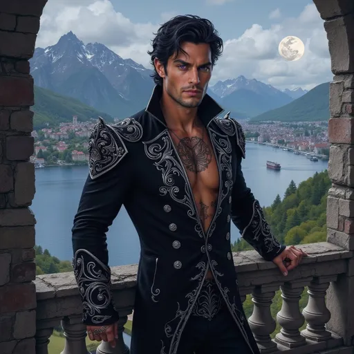 Prompt:  @E9F5IeylWCK78nhhDgNv is standing on a castle balcony overlooking a riverside town. there are mountains behind him and a full moon
