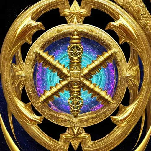 Prompt: 8k masterpiece bud dream symmetry sacred geometry interdimensional portal keys gold and platinum metallics sharp Please produce psychedelic art like that  of Mike Cole android Jones