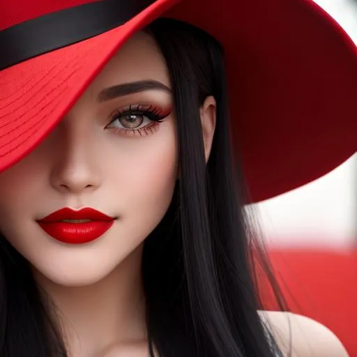 Prompt: Beautiful woman wearing red dress, red hat, red lipstick, long black hair, facial closeup