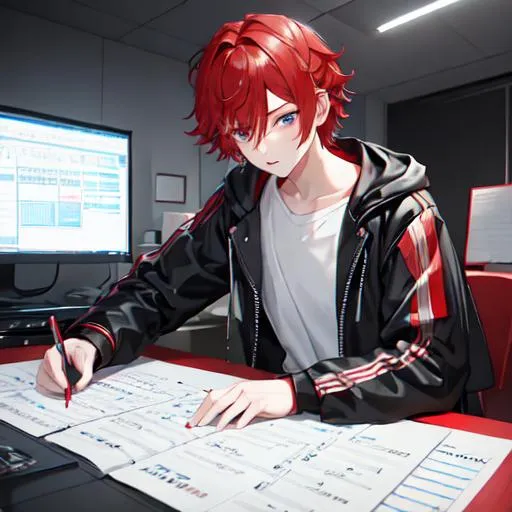 Prompt: Zerif 1boy (Red side-swept hair covering his right eye) as a young adult composing music, UHD, 8K, highly detailed, 